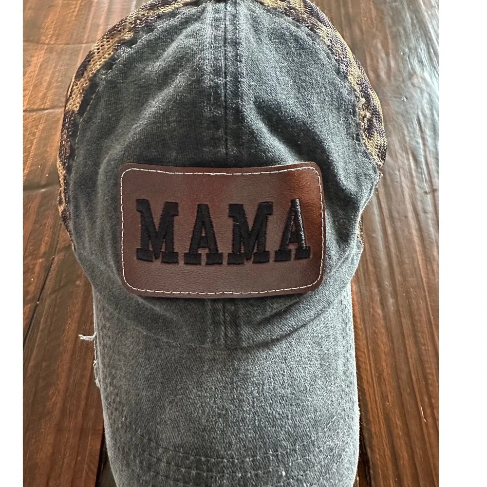 MAMA Patch Leopard Mesh Trucker Hat Distressed Charcoal Grey Snapback